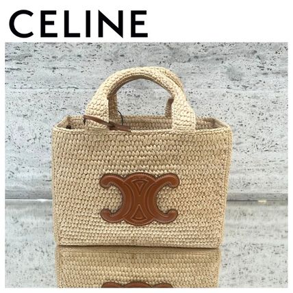 CELINE Straw Bags Blended Fabrics Leather Handmade Logo Straw Bags