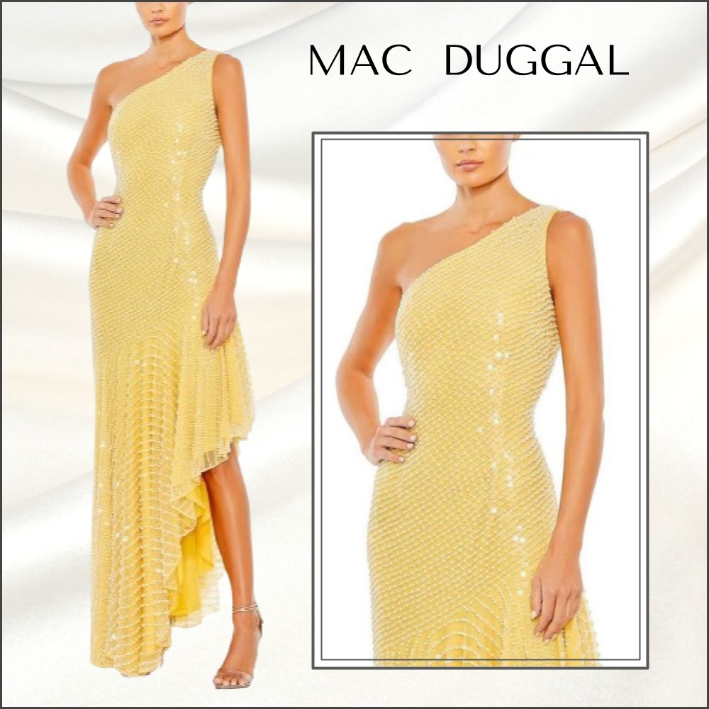【MAC DUGGAL】ロング ハイロー ドレス ワンショル イエロー