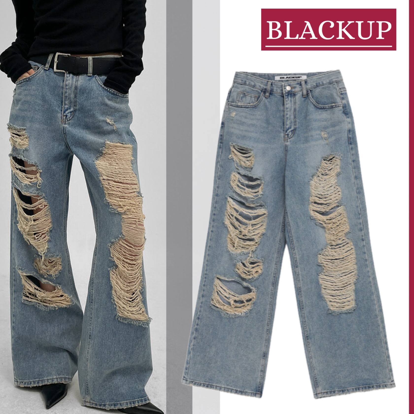 【主役級】BLACKUP『ヒューストンダメージワイドデニムパンツ』