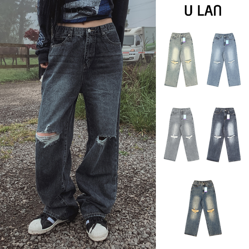【U LAN】24SS★ [U-DENIM] Summer ripped jeans wide denim PT