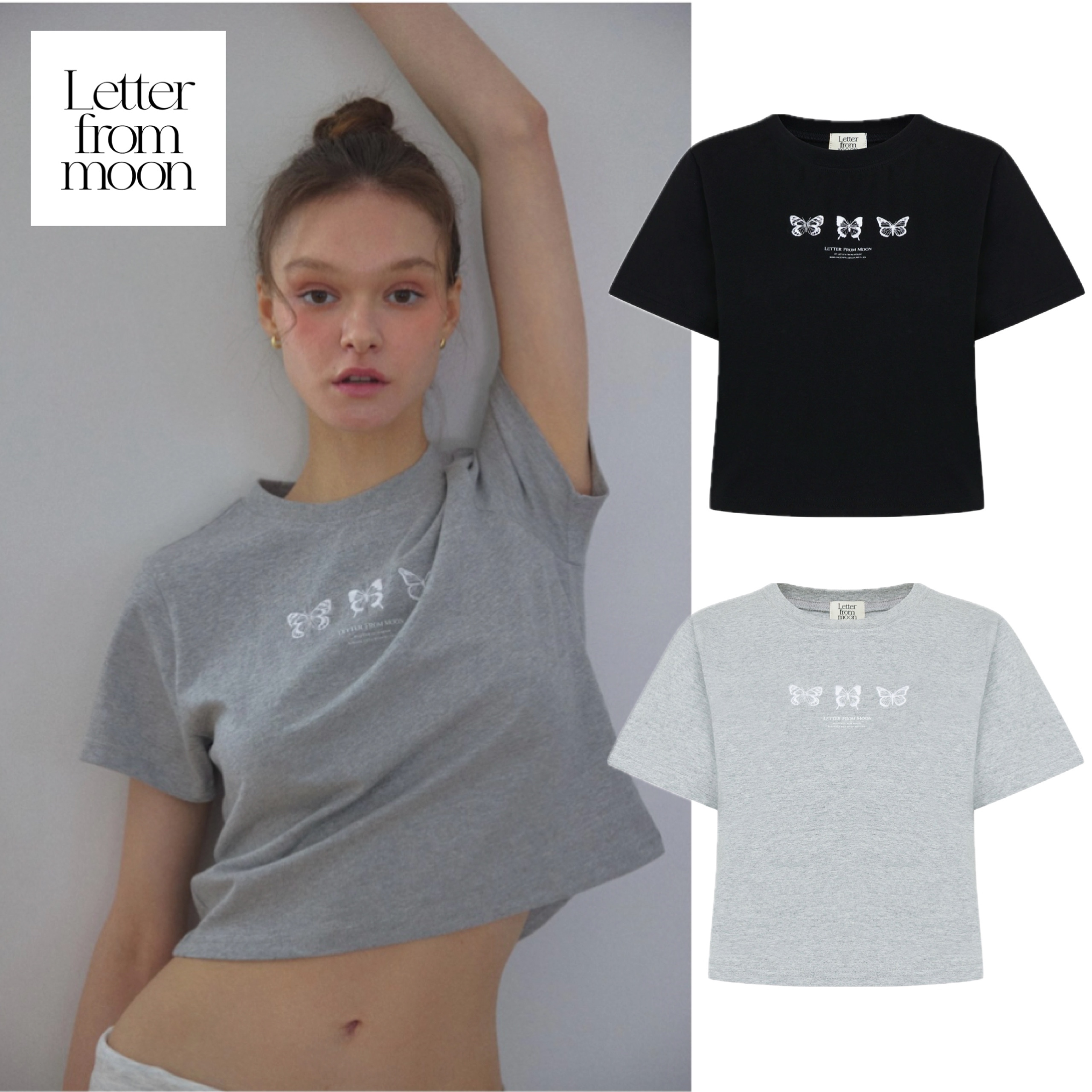【韓国LETTER FROM MOON】Triple Butterfly Embroidery Short T