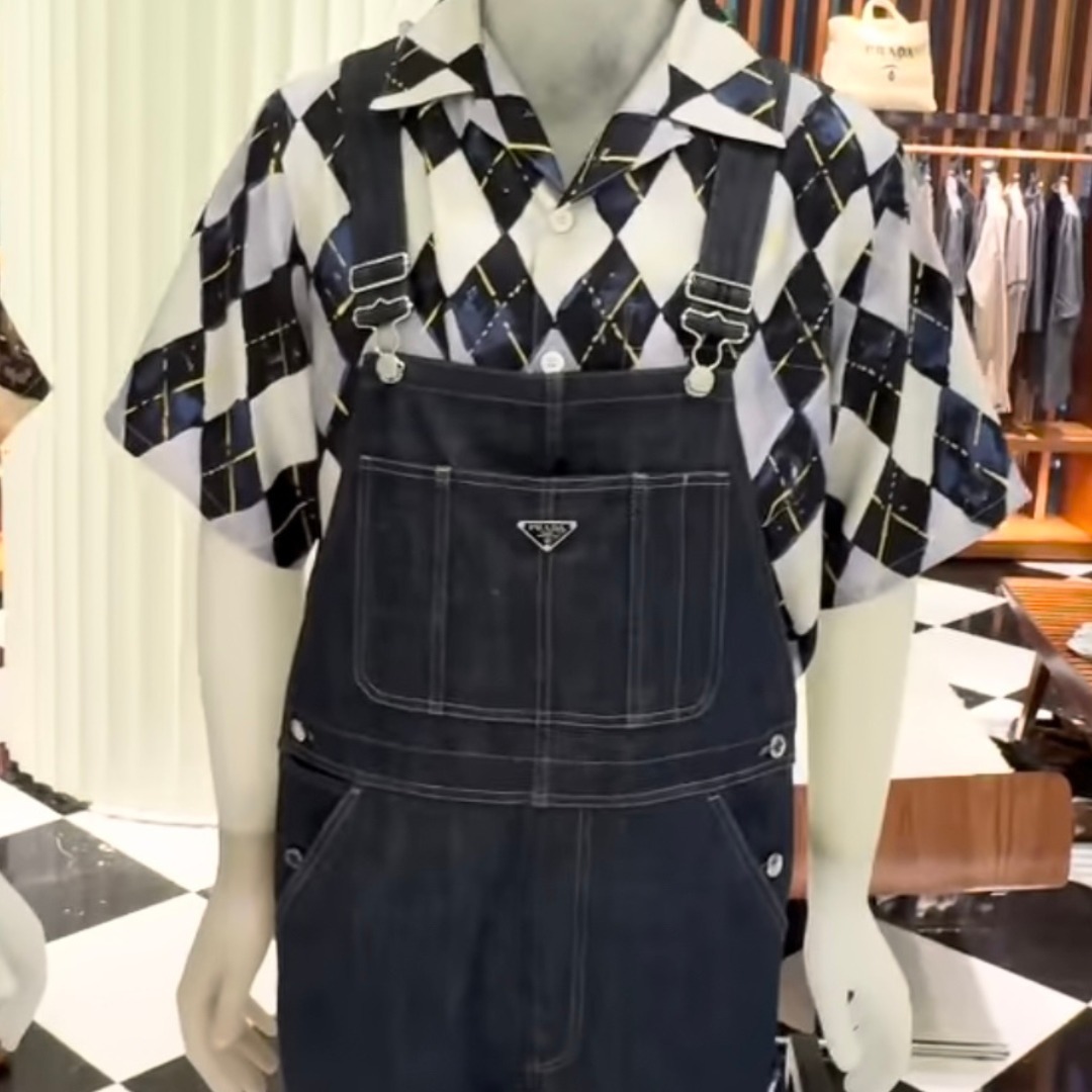 【PRADA】半袖アーガイル柄シルクツイルシャツ 大注目】PRADA◇シルクツイル アーガイル柄 半袖シャツ ロゴ