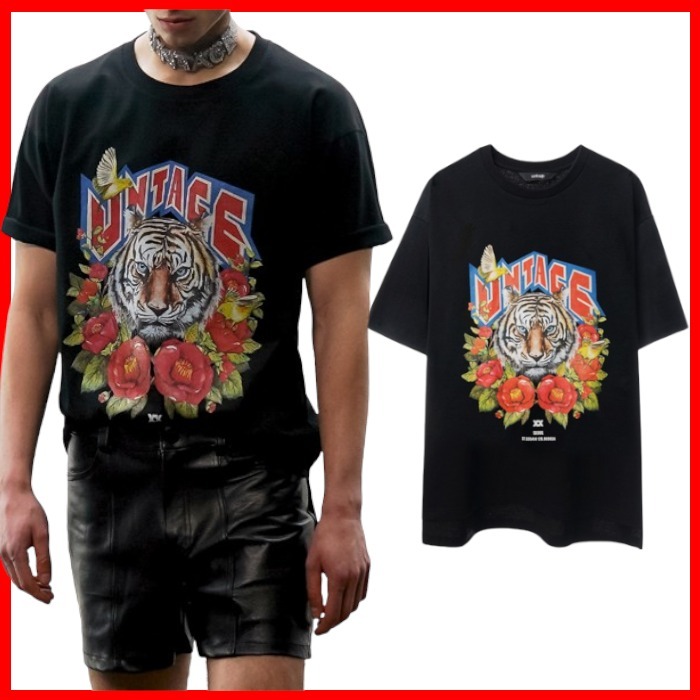 テテ着用ブランド untage ロゴ タイガー 半袖 Tシャツブ ラック