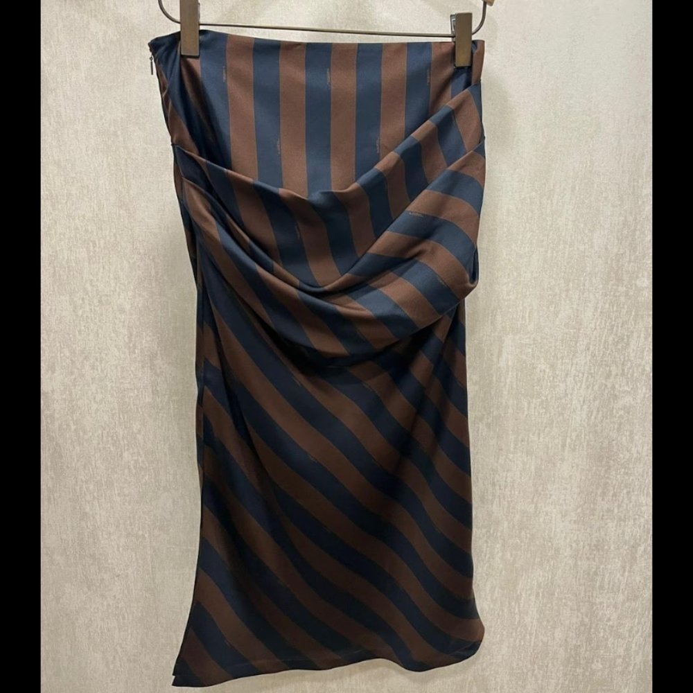 24SS【FENDI】スカート ブラウンペカンシルク ペンシル ドレープ