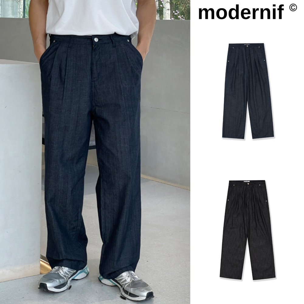 【MODERNIF】Non Fade Two-Tuck Linen Wide Denim Pants
