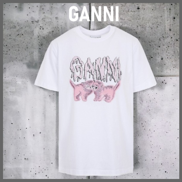 定期入れの GANNI ピンク猫デザイン Tシャツ トップス