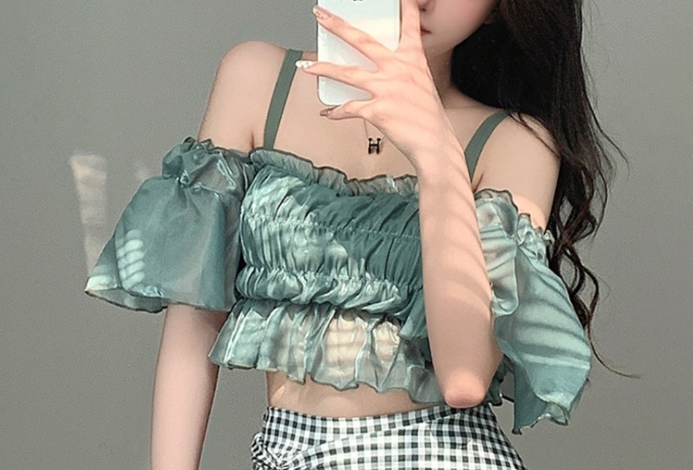タンキニ フリル チェック スカート オフショルダー 韓国 m6659 org.jpg