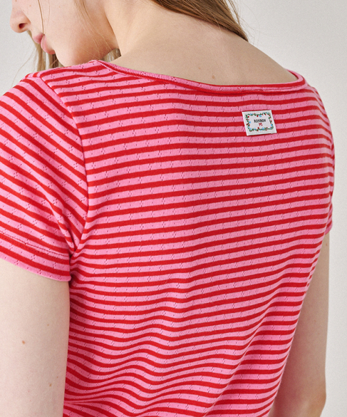 Tシャツ・カットソー RONRON EYELET SHIRRING STRIPE T SHIRT 4BKH157 韓国人気☆新作☆[RONRON] EYELET SHIRRING STRIPE T SHIRT