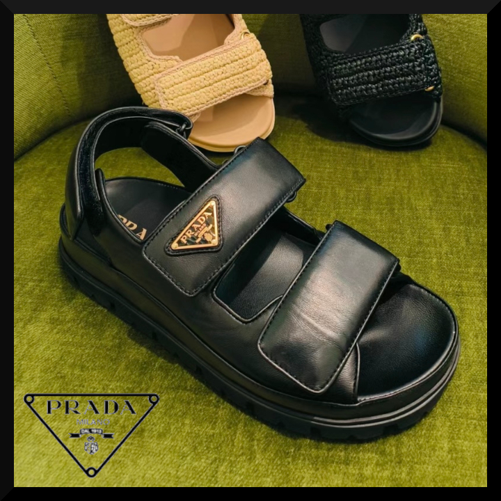 PRADA ロゴ お洒落 人気 チャンキーヒール レザー サンダル プラダ PRADA チャンキーヒール サンダル