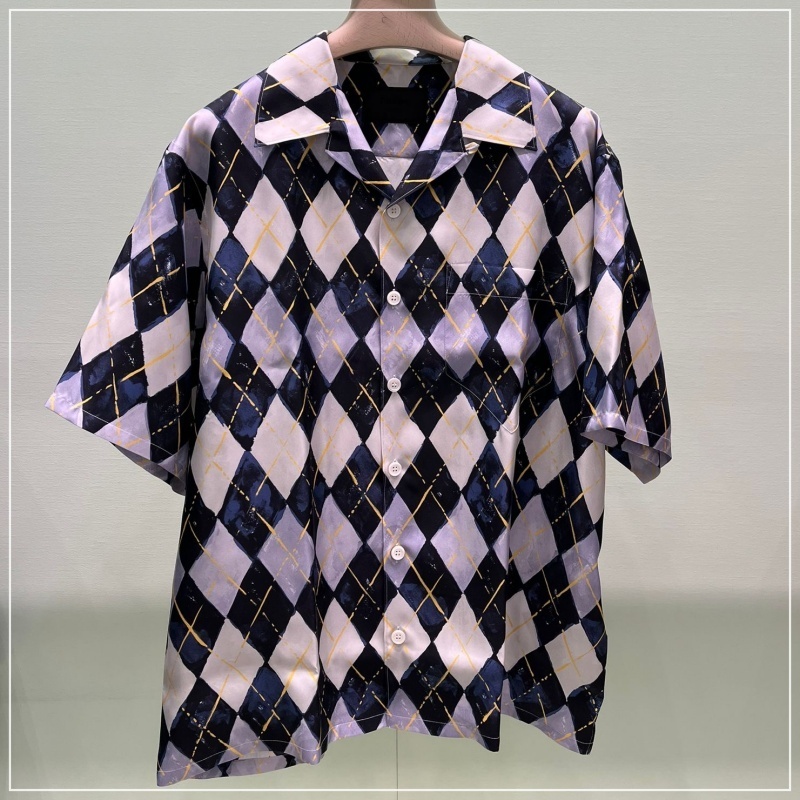 【PRADA】半袖アーガイル柄シルクツイルシャツ 大注目】PRADA◇シルクツイル アーガイル柄 半袖シャツ ロゴ