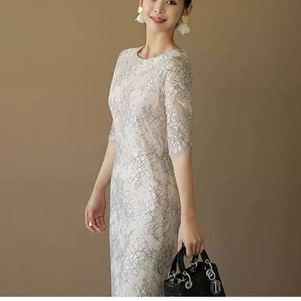 タイト ミディワンピース 結婚式 フラワー レース ドレス 韓国