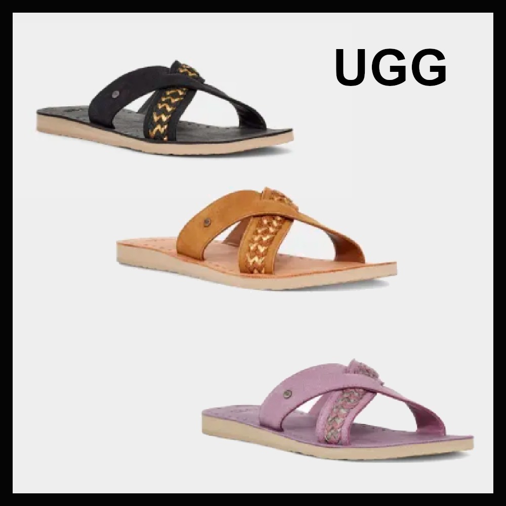 関税負担なし【UGG】Lexia レザー ジュート ロゴ サンダル 3色