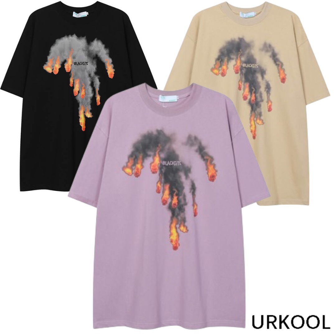 URKOOL Uネック 炎 半袖 コットン Tシャツ 3色