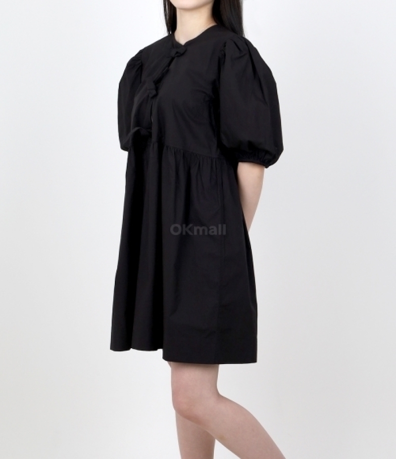 GANNI｜DRESSES (BLACK COTTON POPLIN TIE STRING MINI DRES