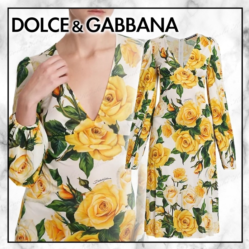 ◇Dolce&Gabbana◇ローズプリント◇Vネックミディワンピース