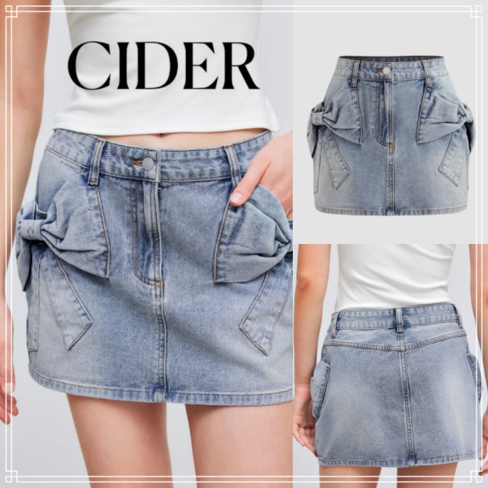 【Cider】リボン ポケット ローライズ デニム ミニスカート