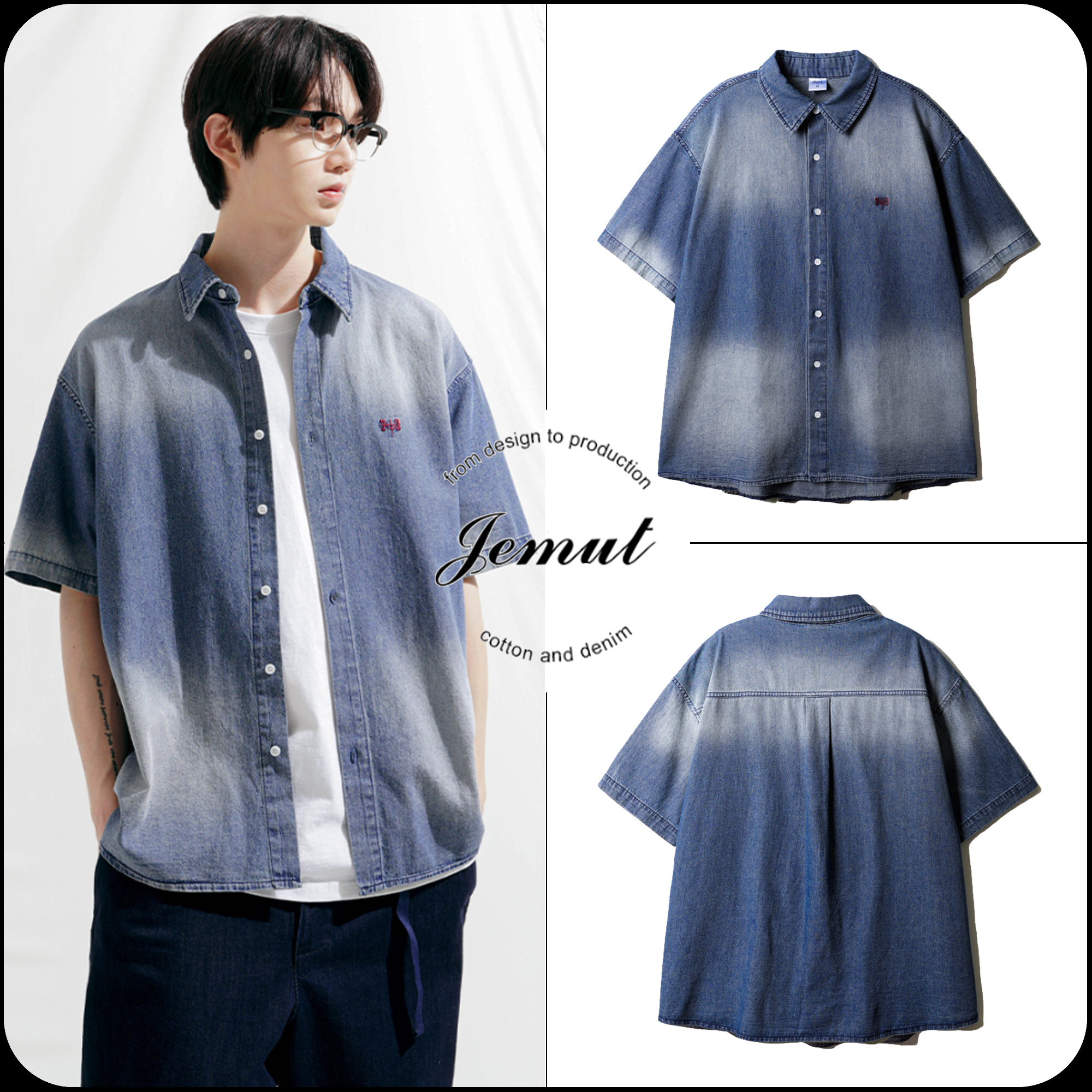 [JEMUT]★24SS★韓国人気★BELLOW WASHING DENIM SHORT SHIRTS