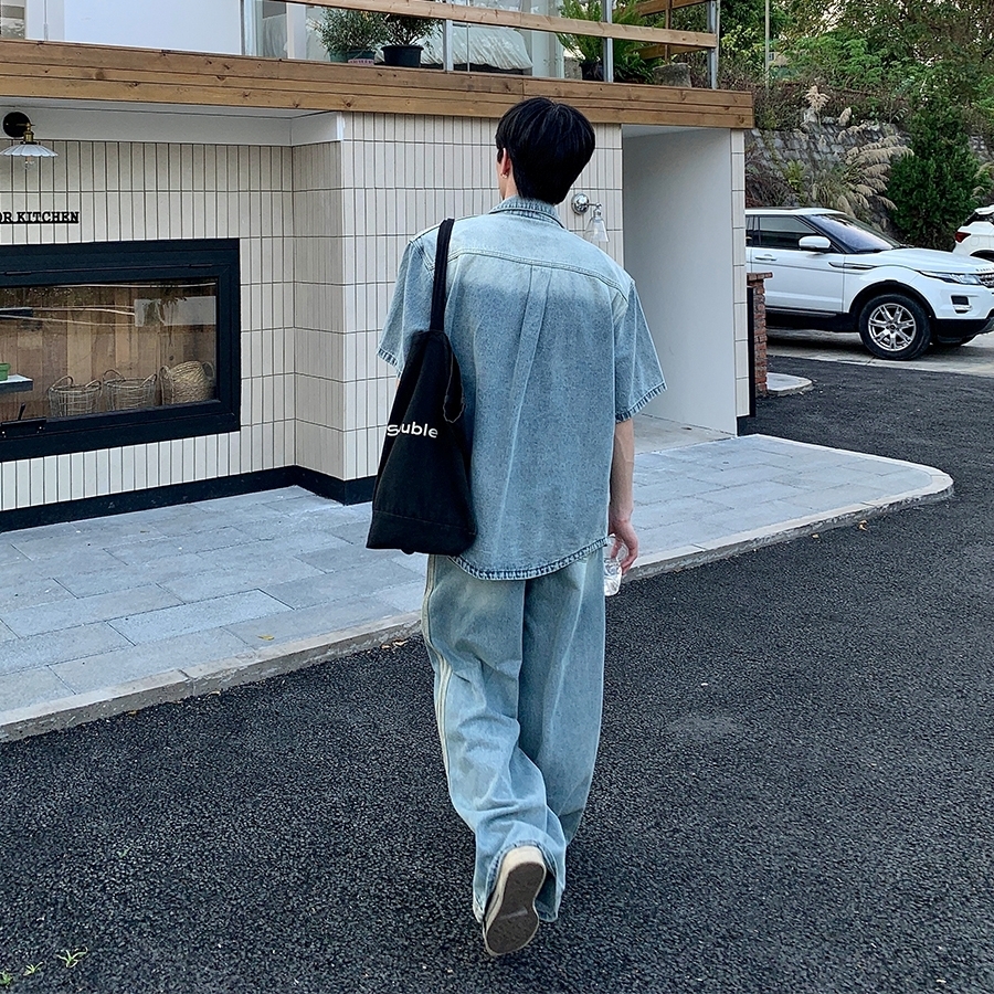 デニム セットアップ 半袖 シャツ ルーズ パンツ 韓国 cr4055 デニム セットアップ 半袖 シャツ ルーズ パンツ 韓国 cr4055
