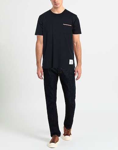 THOM BROWNE ロゴＴシャツ メンズ Thom Browne stripe-detail Cotton T-shirt | Blue | FARFETCH