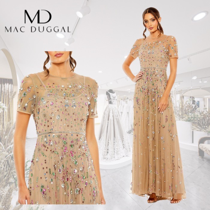 限定!!Mac Duggal スパンコール イリュージョン ロングドレス