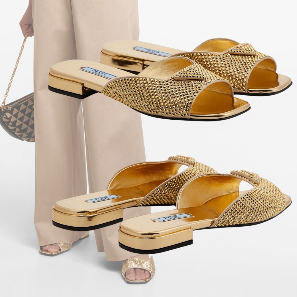 【PRADA】 ロゴ クリスタル装飾 フラット サンダル ビジュー