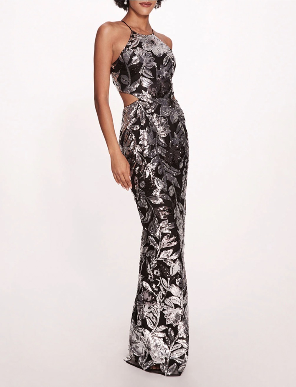 Marchesa notteセール高級花柄スタイルロングドレス黒シルバー