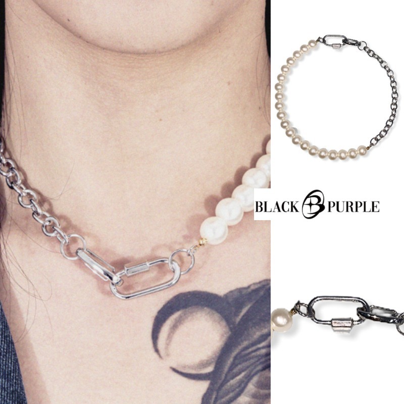 【BLACK PURPLE】PEARL&CHAIN NECKLACE☆韓国で大人気☆