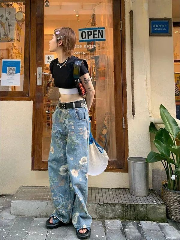 OPENYY◆JEAN EFFECT JERSEY SHORTS ジーンズプリント 韓国人気 ダメージ加工デニムショートパンツ 韓国風[品番：AGCW0004294