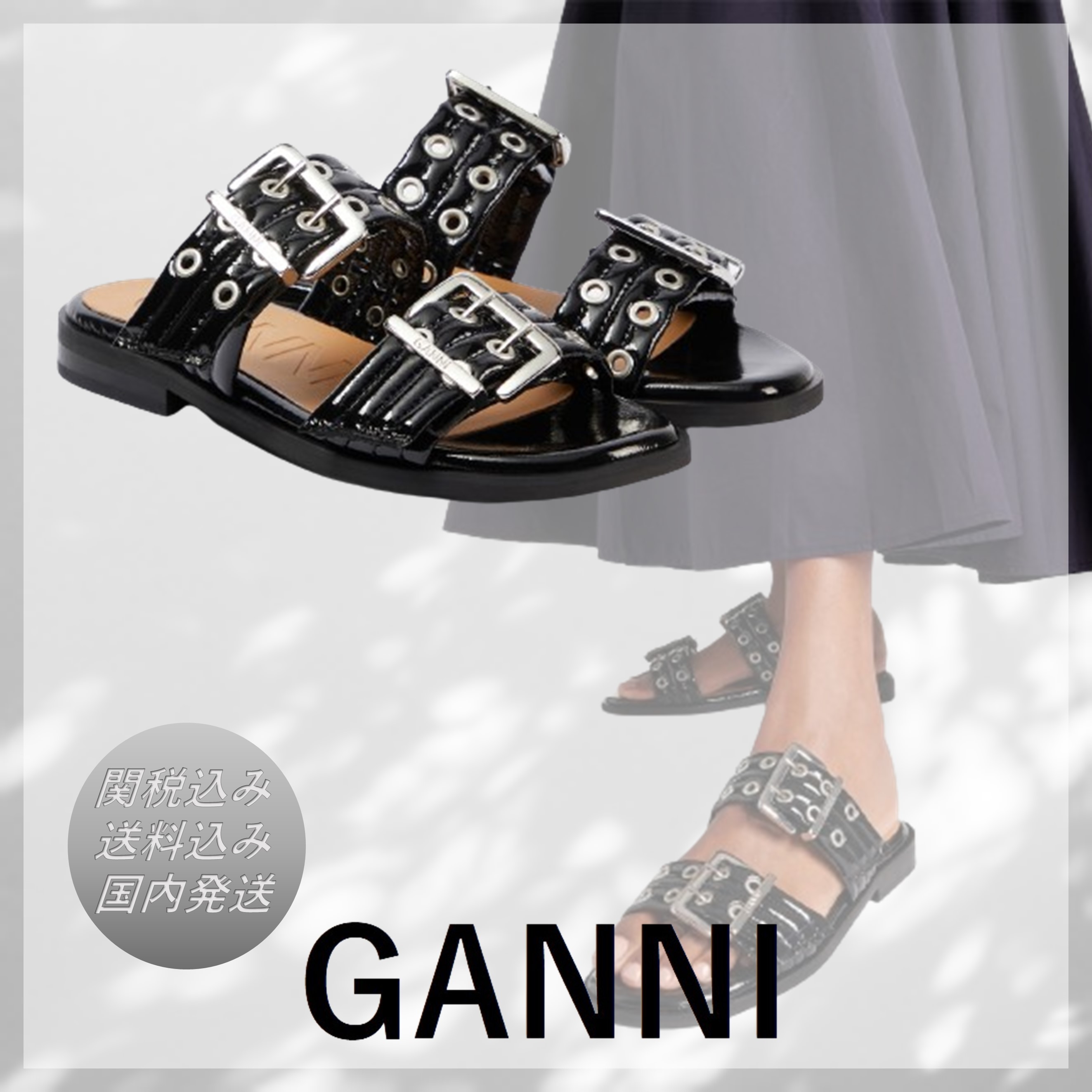 送料込/関税込■GANNI■スタッズ付きパテントレザーサンダル