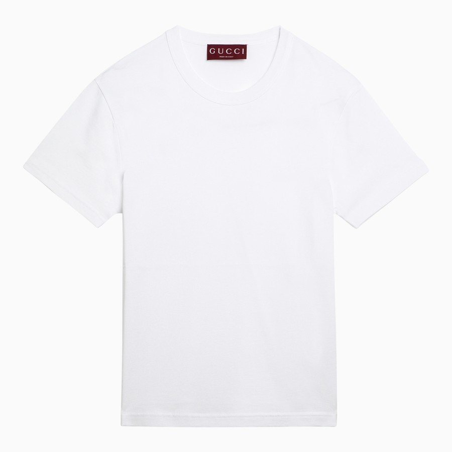 グッチ ホワイトコットンクルーネックTシャツ、ウェブディテール