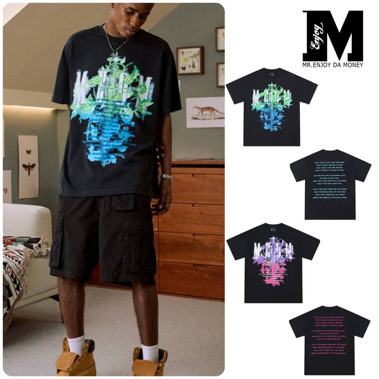 ★MEDM★ロゴ ユニセックス 薔薇剣デザイン 半袖Tシャツ/送料込