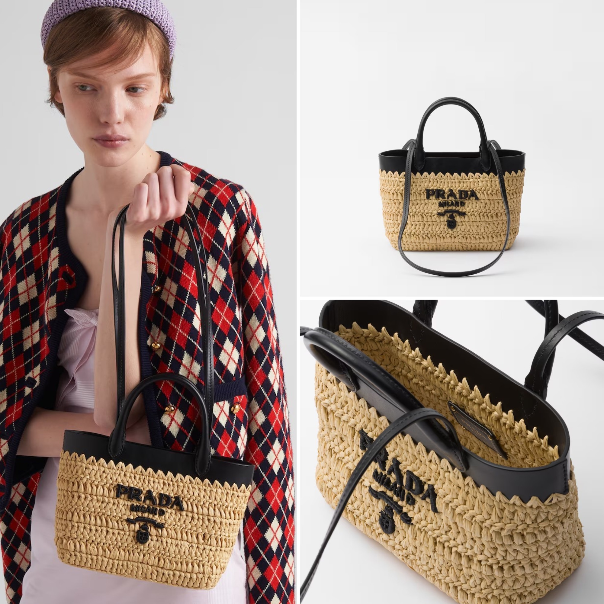 《送料無料》PRADA Mini crochet and leather tote bag