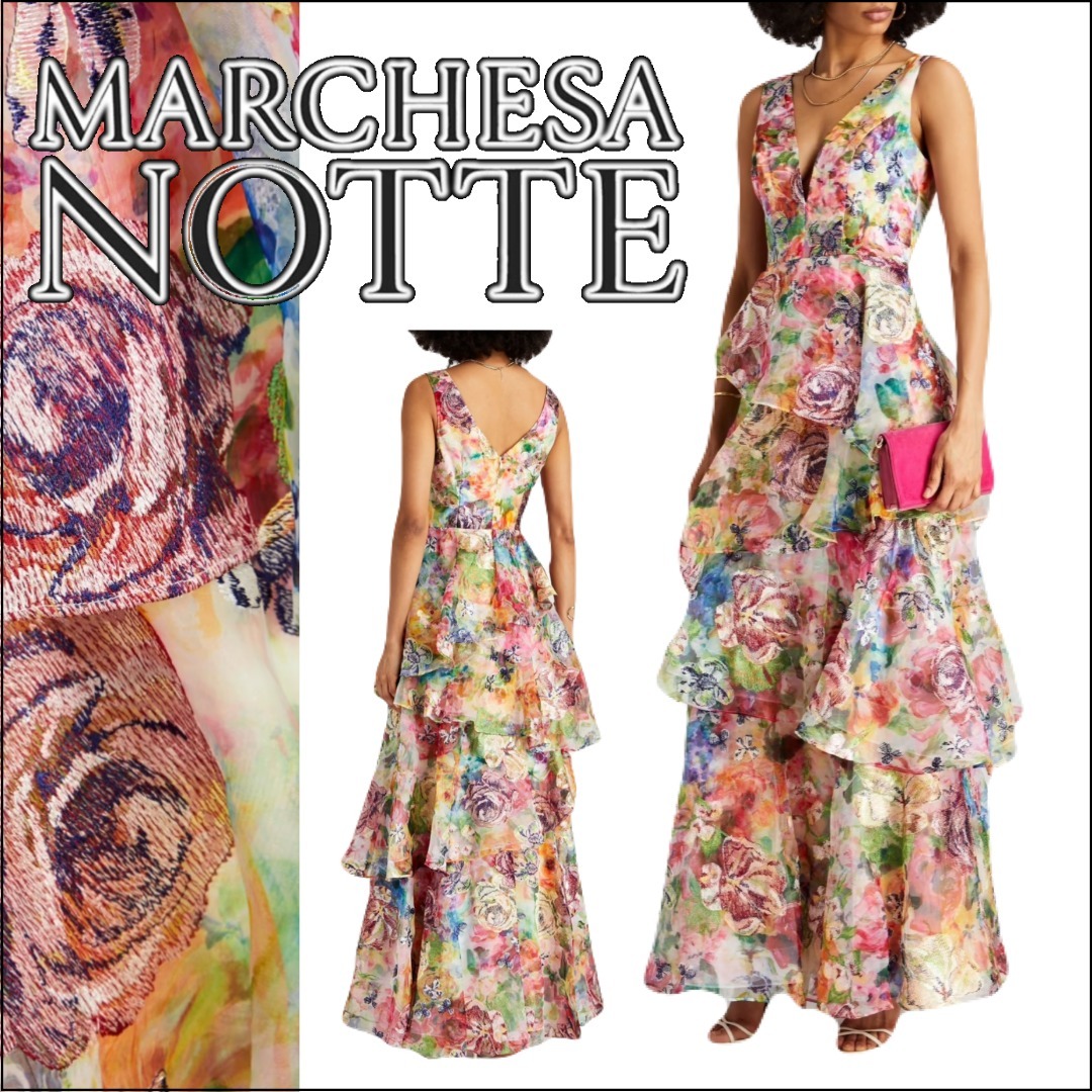 【Marchesa Notte】ロングドレス ティアード 花柄 マルチカラー