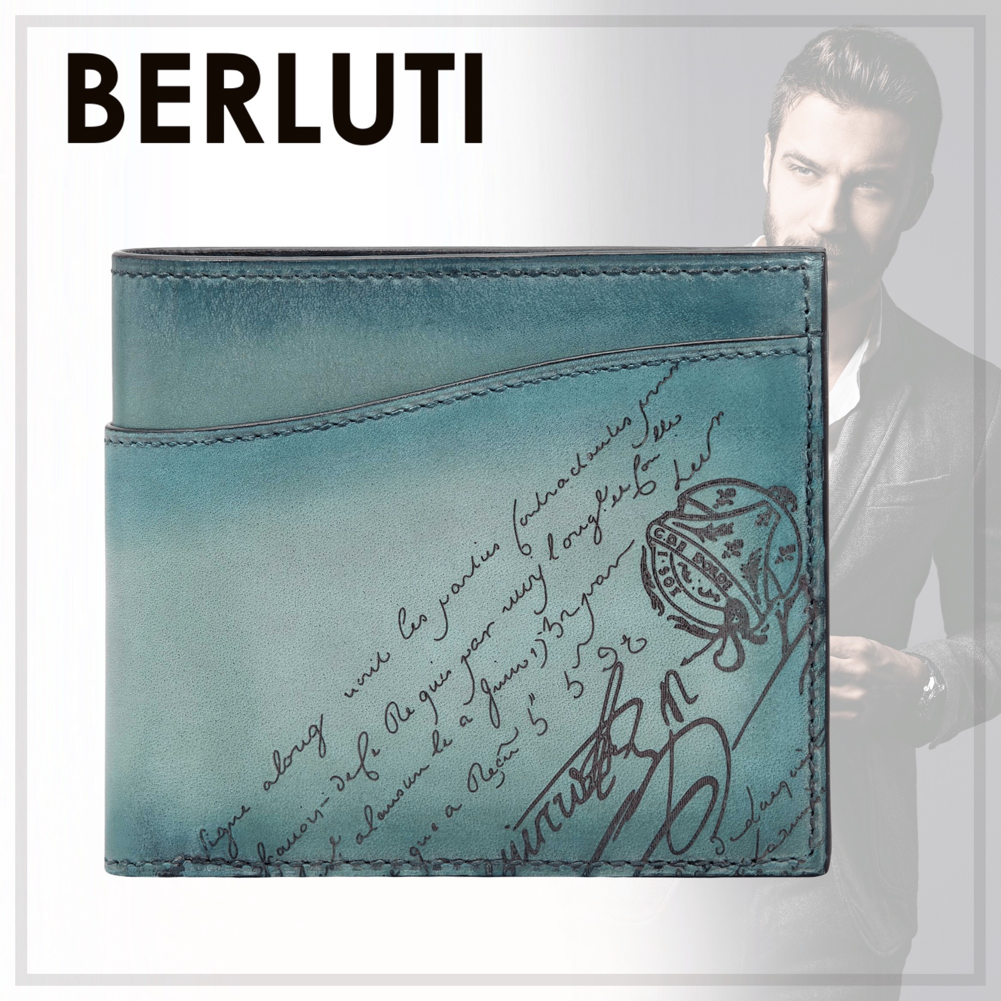 大人贅沢【BERLUTI】Makore Scritto スリム 二つ折り財布 ブルー
