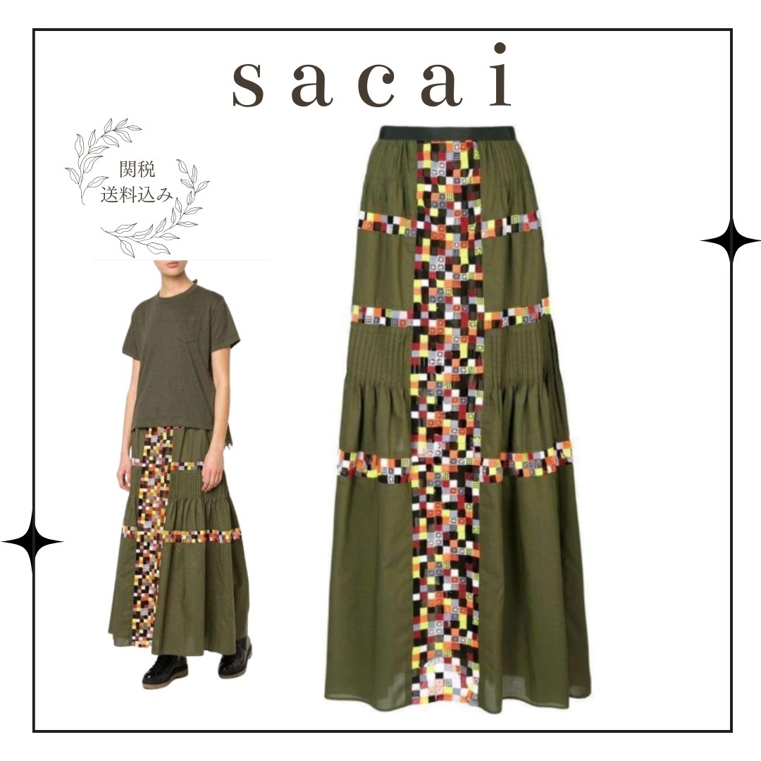 最終sale!【sacai】ミリタリーグリーン刺繍ロングスカート