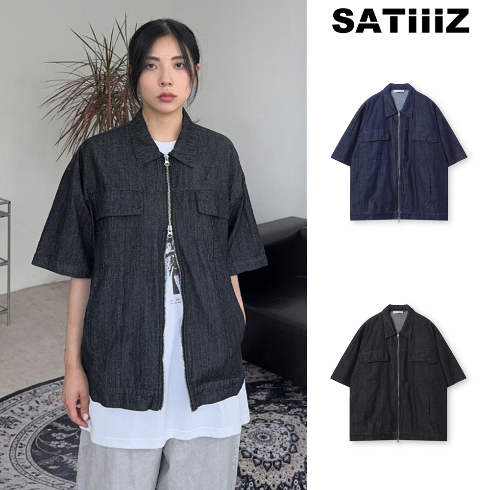 【SATIIIZ】Pizen denim short sleeve zip-up
