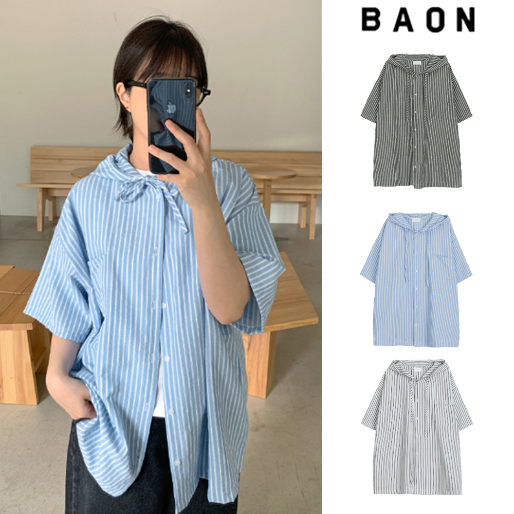 【BAON】[unisex] Dipeuki Stripe Pocket Over Hood Shirt
