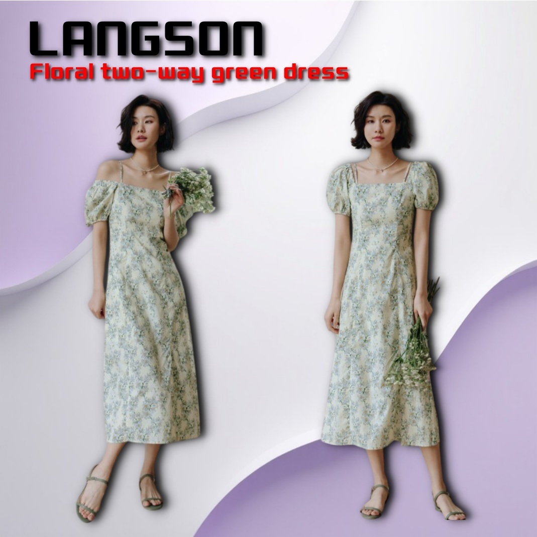 ◆LANGSON◆フローラルツーウェイグリーンドレス◆