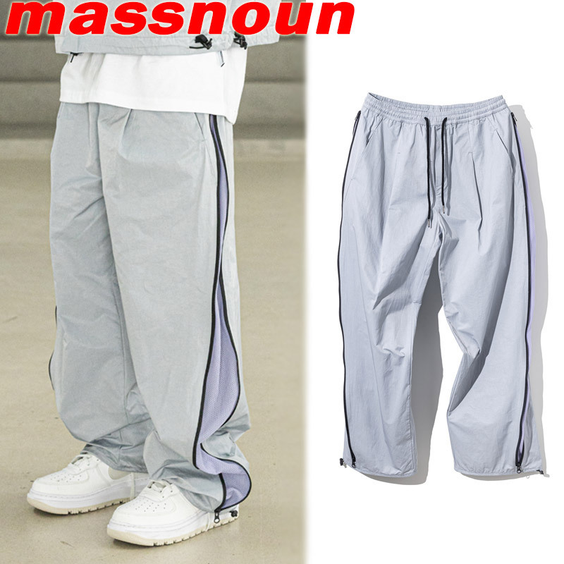 ●MASSNOUN● CURVED ONE TUCK PLEATS MESH トラックパンツ (GB)
