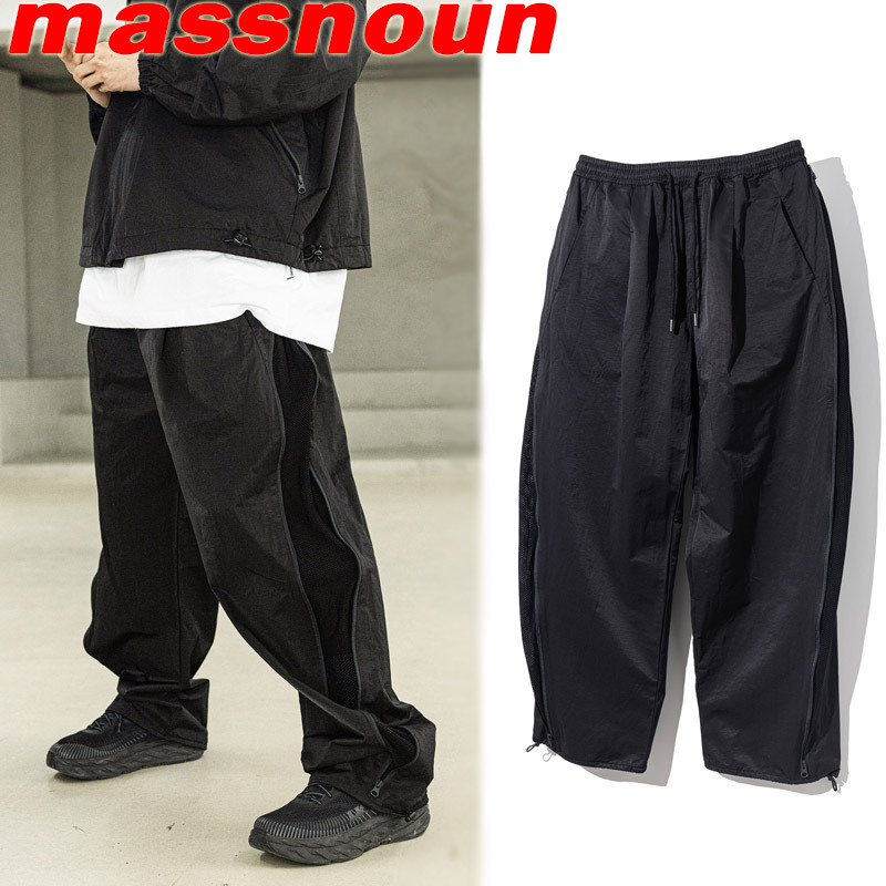 ●MASSNOUN● CURVED ONE TUCK PLEATS MESH トラックパンツ (BK)