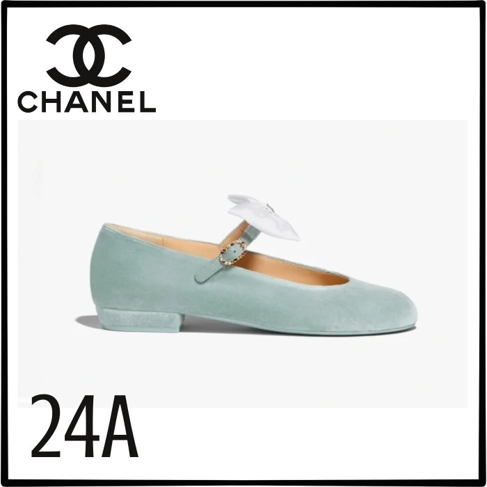 24A【CHANEL】大きなリボンと上品ミントカラー★ベロアシューズ