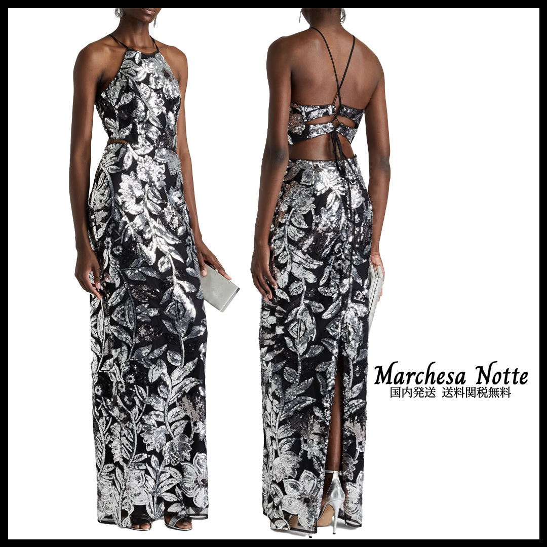 Marchesa Notte 黒&シルバー 花柄スパンコール ロングドレス