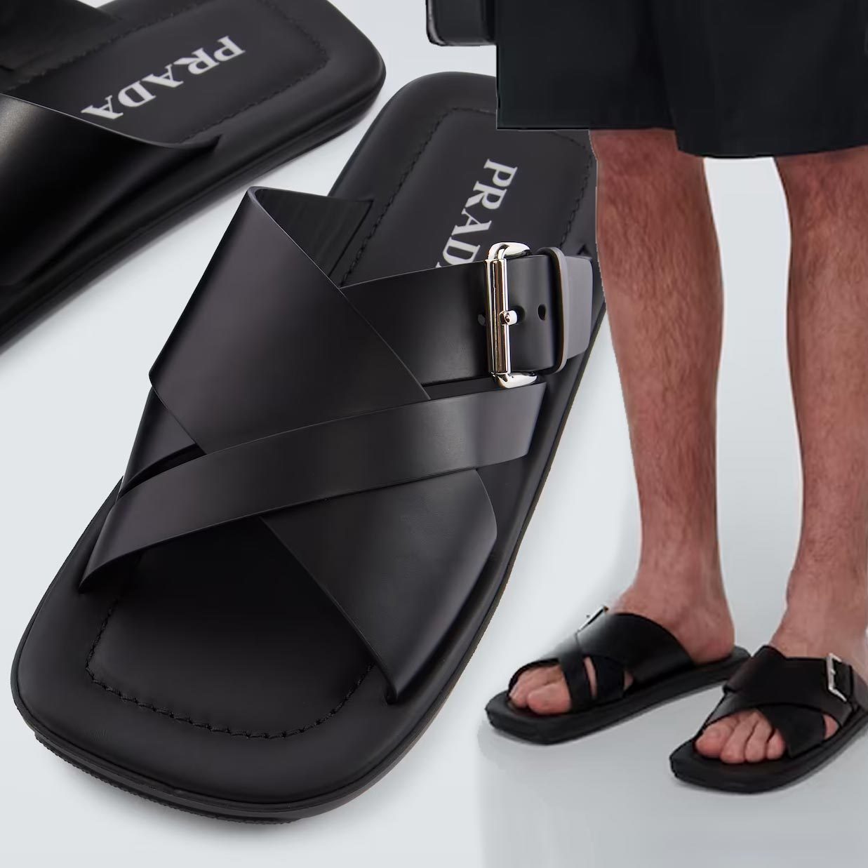 【PRADA】レザー サンダル ロゴ 黒 クロス バックル 送料込