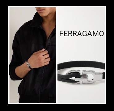 ★FERRAGAMO★ロゴ装飾レザーとシルバートーンのブレスレット