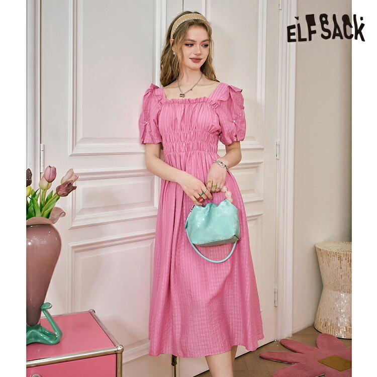 ELFSACK ワンピース パフスリーブ スクエアネック 半袖 ミモレ
