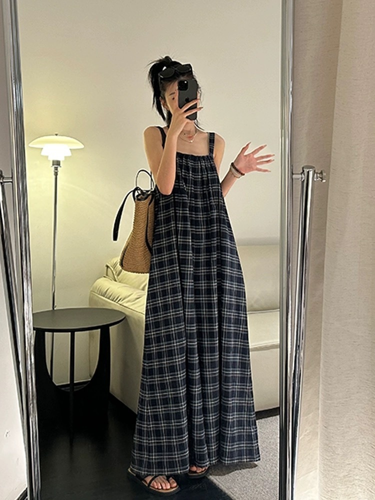 チェックオールインワンサロペットワイド春夏