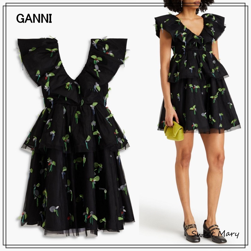 GANNI☆アップリケ付き ティアード ミニワンピース♪【送料込】