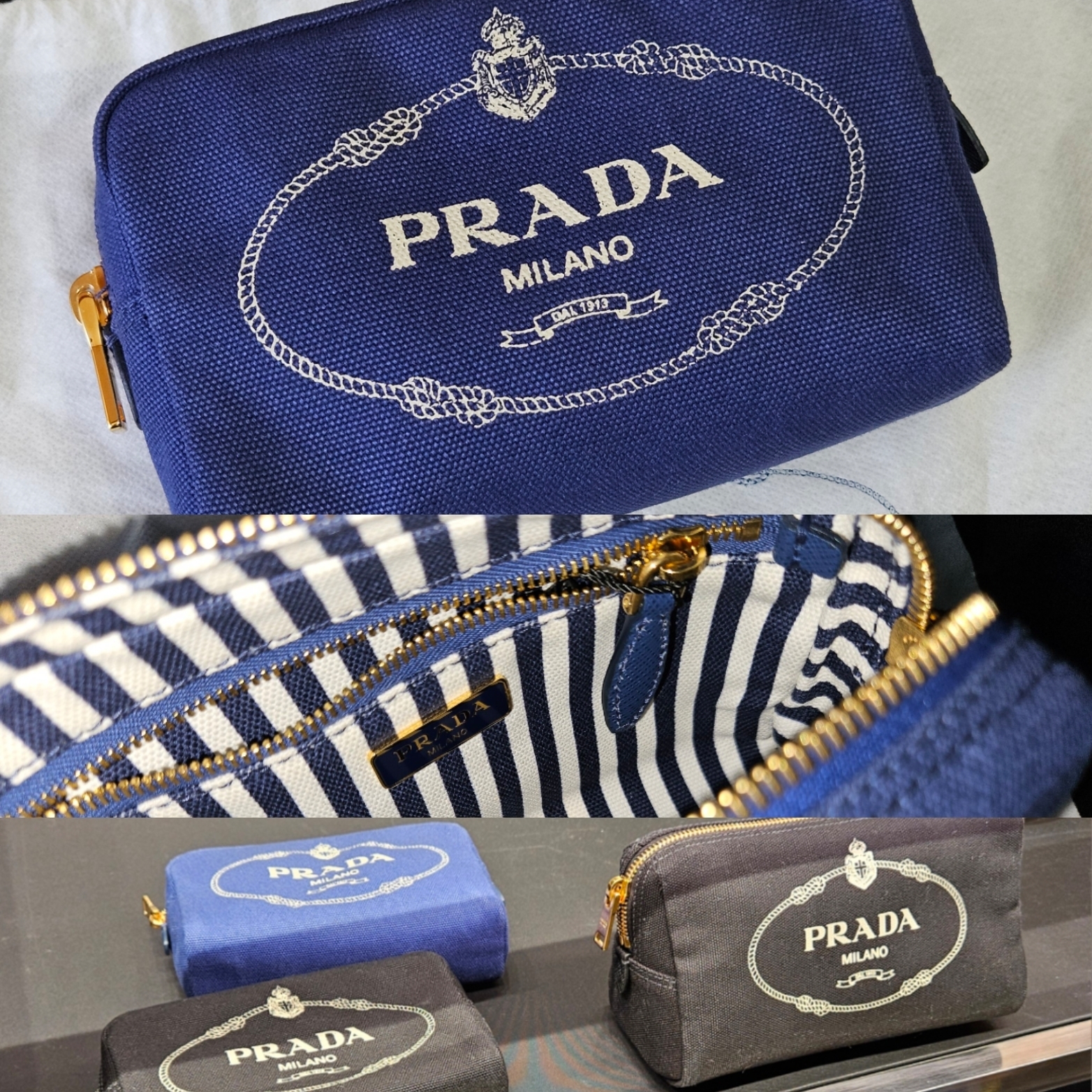 PRADAカナパポーチ♪ロゴ×ストライププリント♪ブルー