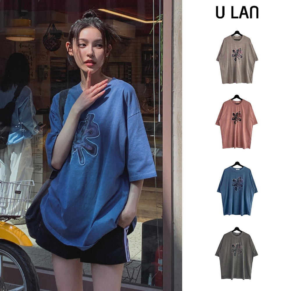 【U LAN】Flower Patch Pigment Short Sleeve T-shirt
