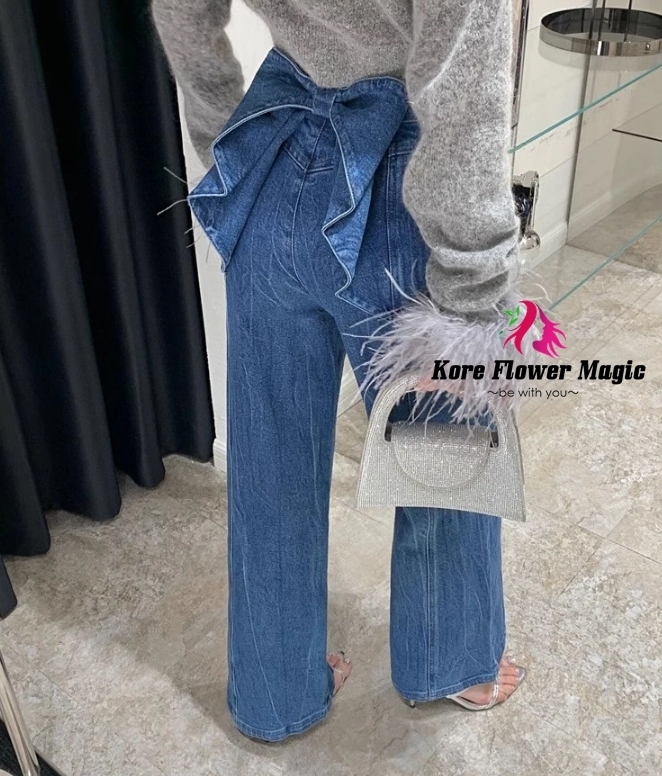 デニムパンツ バックリボン 可愛い ハイウエスト カジュアル 青